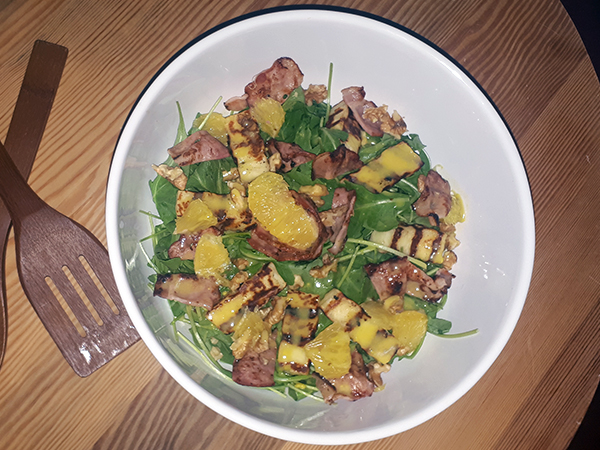 Grill Cheese with arugula, bacon and orange